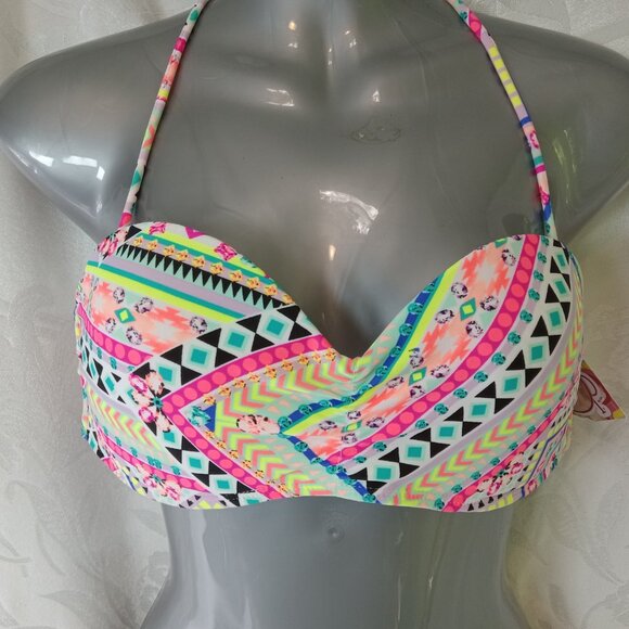 Op Swim Size 7-9 Medium Bikini Top Bandeau Striped String Halter Beach Neon - Picture 4 of 16